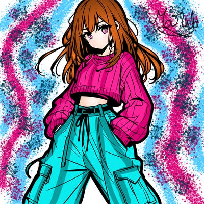 anime teen girl with baggy pants and crop top with sweater