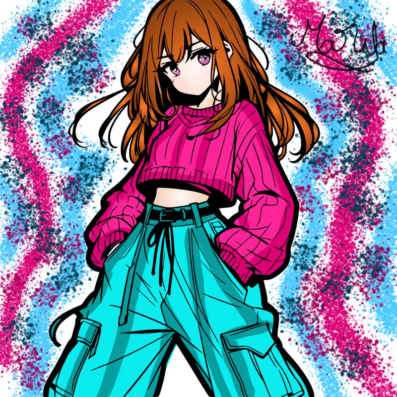 anime teen girl with baggy pants and crop top with sweater