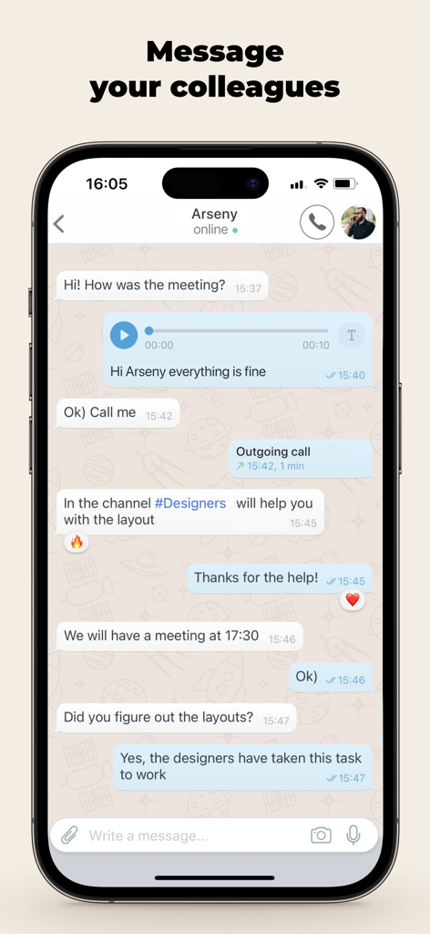 amo | team messenger - Benutzeroberfläche des amo team messengers, die professionelle Nachrichten auf einem iPhone zeigt