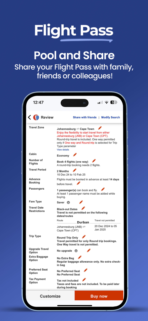 Uno smartphone che mostra la schermata di revisione del flight pass dell'app Optiontown con opzioni di viaggio dettagliate per un volo da Johannesburg a Città del Capo.