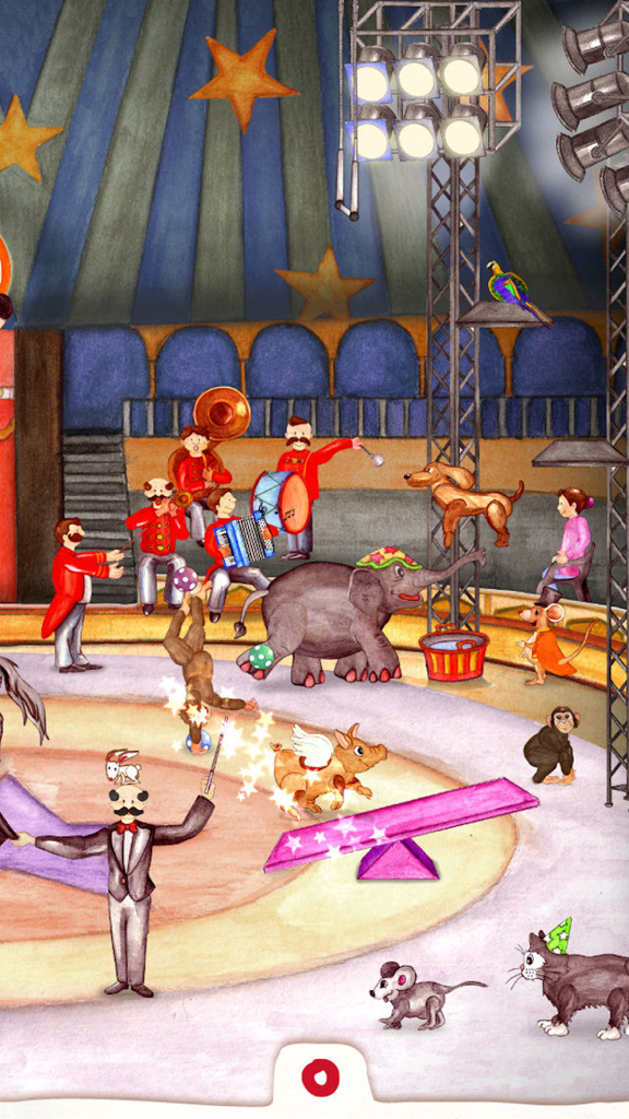 Animal Circus - Toddler's Seek & Find - Hand-drawn circus scene with an elephant, animal band, and magician for toddlers
