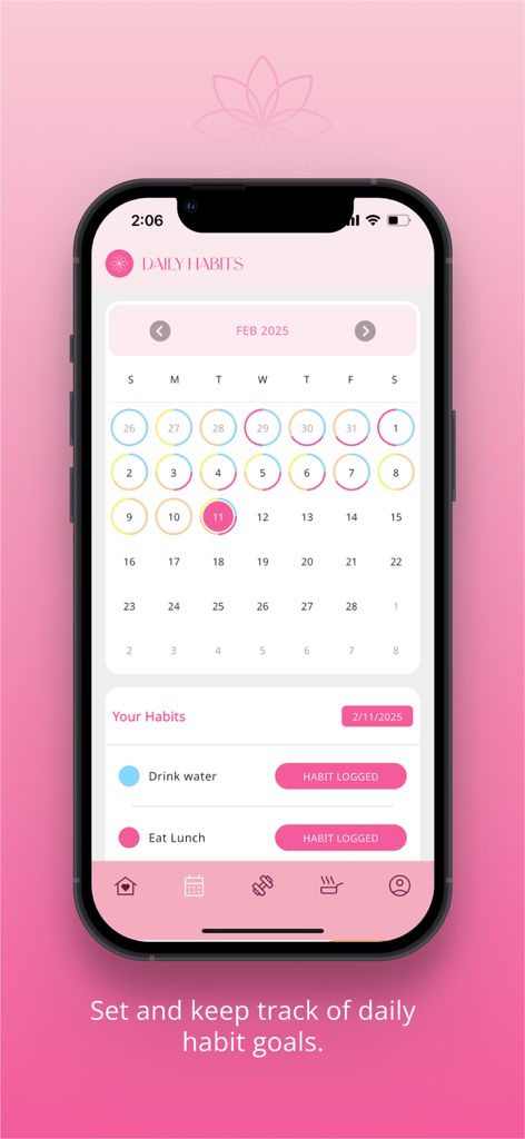 Interfaccia dell'app Bicah che mostra un calendario mensile per monitorare abitudini quotidiane come l'assunzione di acqua e i pasti.