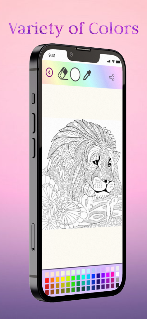 A detailed lion illustration in an adult coloring app with a wide variety of color options.