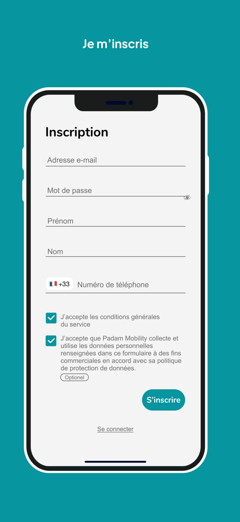 Pantalla de registro para la aplicación móvil TAD du Pays de Gex.