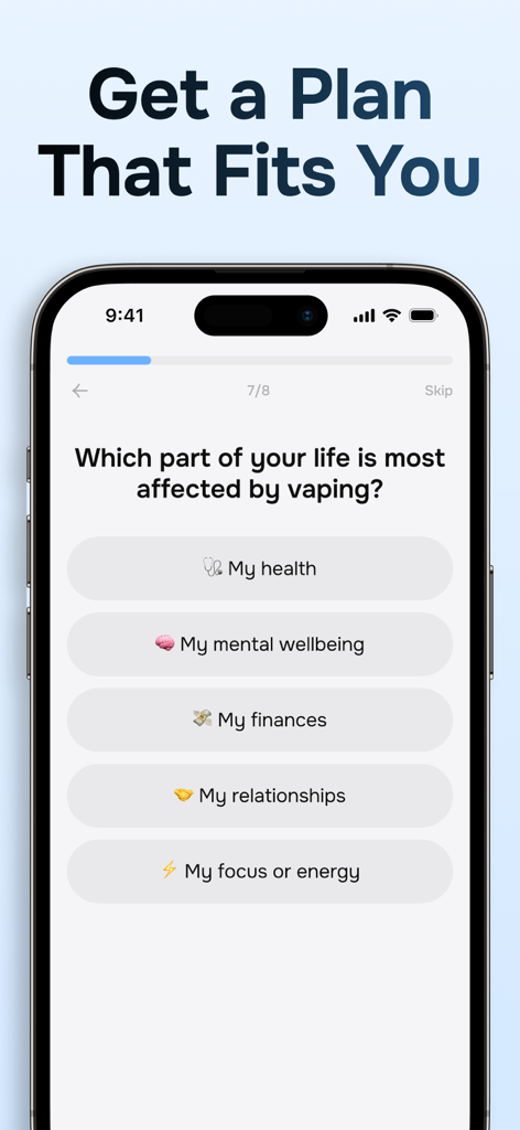 Puff Count: Quit Vaping App - A questionnaire screen in the Puff Count app asking users how vaping affects their life to create a personalized quit plan.