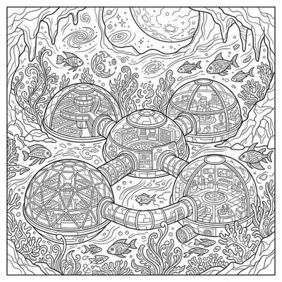 Journey to the future with this incredible Aquatic Space Habitats coloring page. Discover intricate underwater cities nestled beneath icy moons, ready for your creative touch.