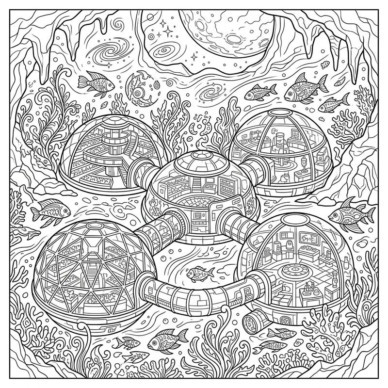 Journey to the future with this incredible Aquatic Space Habitats coloring page. Discover intricate underwater cities nestled beneath icy moons, ready for your creative touch.