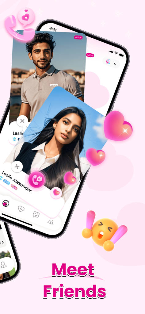 A mobile interface for Tovio showing user profiles with a Meet Friends button and pink heart graphics