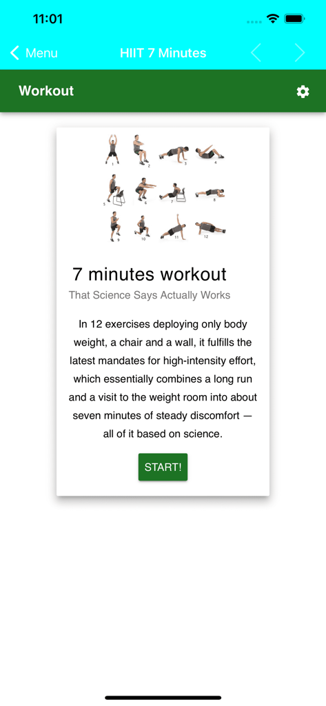 BMR Calculator Body Health - 시작 버튼과 맨몸 운동 삽화가 있는 7분 HIIT 운동 루틴을 보여주는 화면