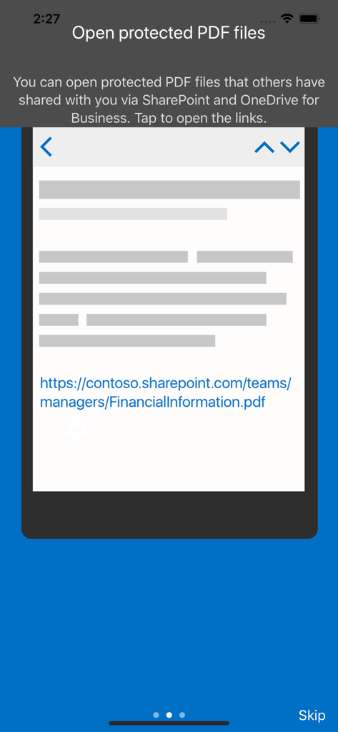 Azure Information Protection - Interfaz móvil que muestra cómo abrir archivos PDF protegidos desde SharePoint y OneDrive