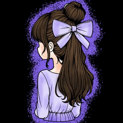 realistic girl  with hip length hair a bun and a big bow on the back of head