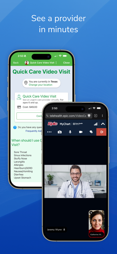 Texas Health MyChart app screen showing a virtual doctor visit and quick care video appointment interface.