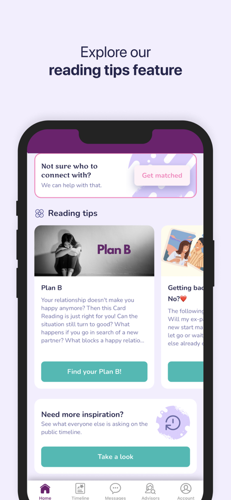 fortunica- Horoscope & Tarot - Interfaz de la aplicación Fortunica que muestra consejos de lectura y coincidencia de asesores para guía espiritual