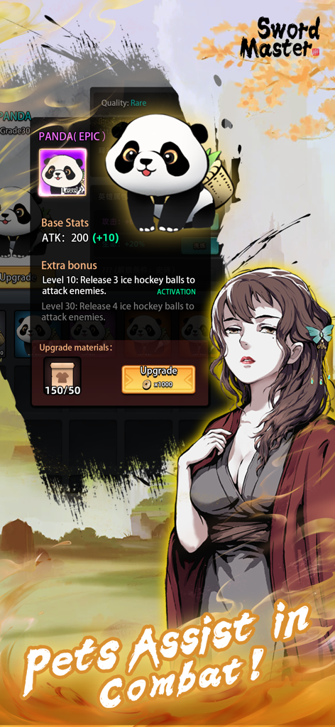 Sword Master-Wuxia Roguelike - Capture d'écran du jeu mobile Sword Master montrant un familier Panda épique et un personnage féminin avec le texte Les familiers aident au combat