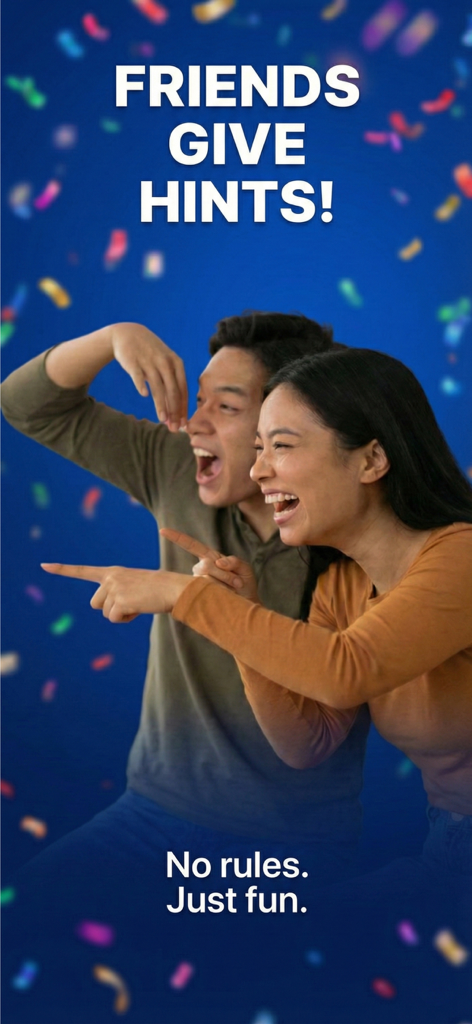Two friends laughing and gesturing while giving hints in a charades party game