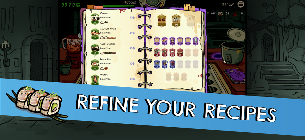 Goblin Sushi - Interface from Goblin Sushi showing a recipe book with menu items like Salmon Nigiri and a banner that says Refine Your Recipes.