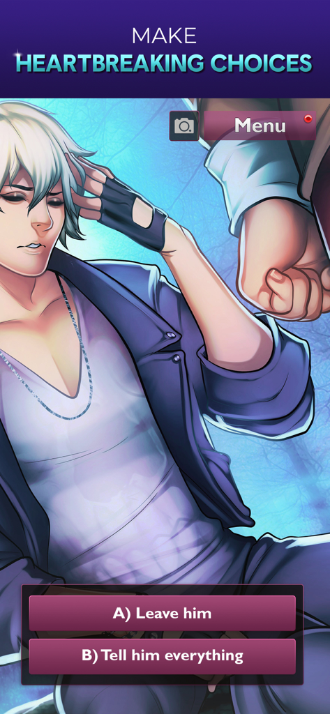 Interactive story screen from Is It Love? Drogo showing a character and a narrative choice between leaving him or telling him everything.