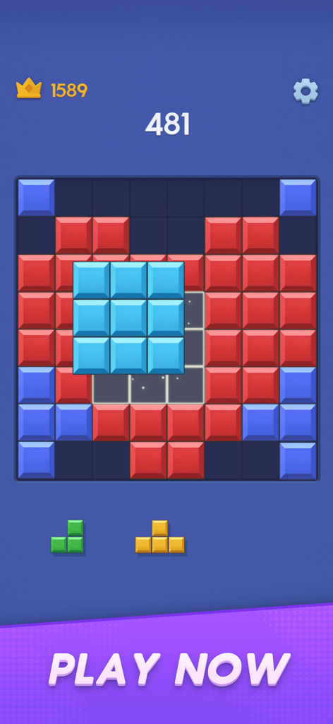 Color Block : Puzzle Games - 파란색 배경의 그리드에 하트 모양을 형성하는 다채로운 사각형을 보여주는 Color Block Puzzle의 게임 플레이.