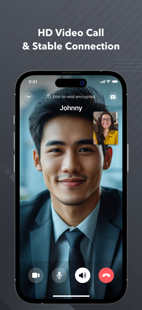 Signet - A professional HD video call interface on an iPhone showing an end-to-end encrypted connection for business users.