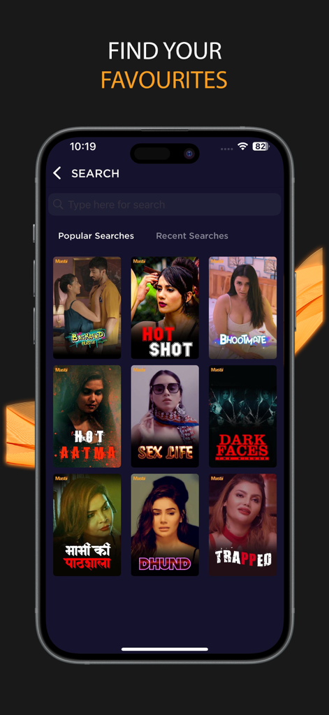 Mastii: OTT, Web Series, Shows - Mastii app search interface showing popular web series posters