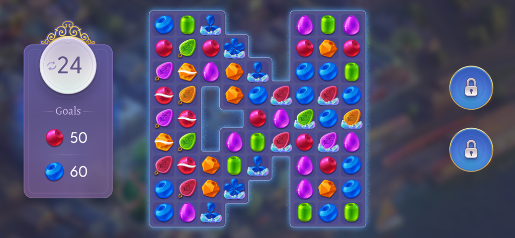 Match-3 puzzle gameplay in Ghost Detective showing bead collection goals and moves remaining.