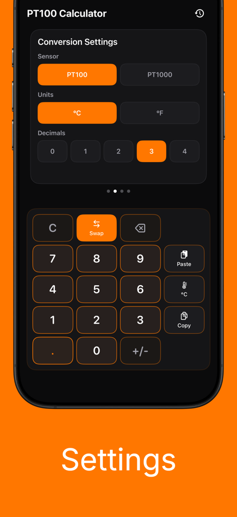PT100 Calculator - Bildschirm mit Umrechnungseinstellungen für PT100- und PT1000-Sensoren mit Auswahl von Einheiten und Dezimalstellen