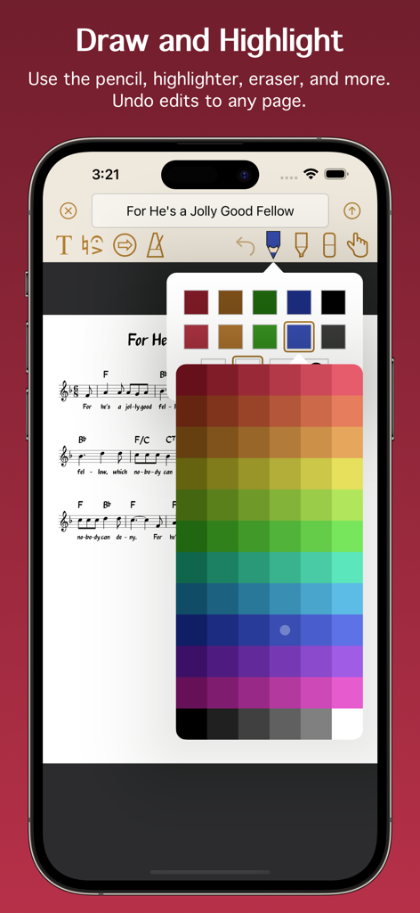 Interface showing digital sheet music with annotation tools and a color selection palette.