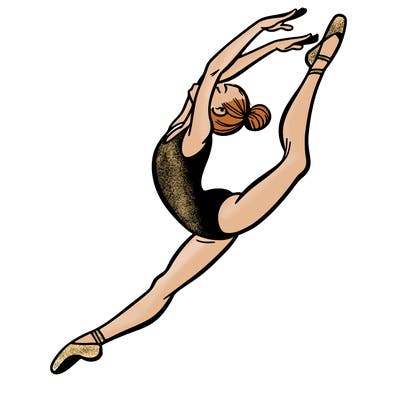 gymnast doing a leap in a leotard with a bent back leg