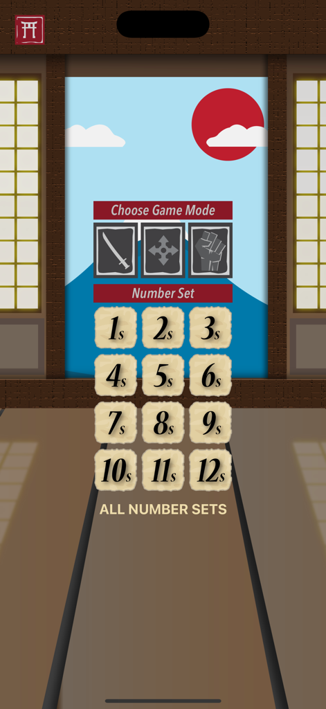 Math Facts Ninja - Math Games - Math Facts Ninja game mode selection screen with ninja icons and number sets in a dojo setting