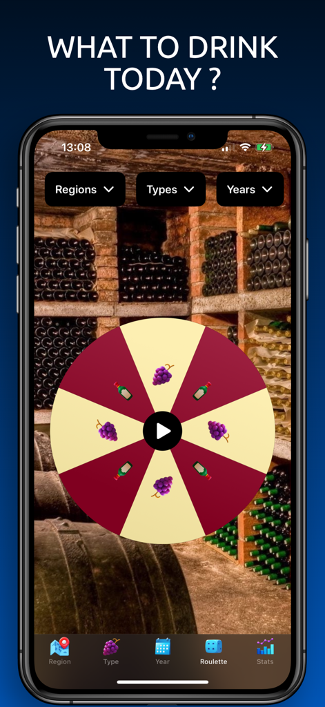 Interfaz de la rueda de selección de vinos de la aplicación Vino Cellar