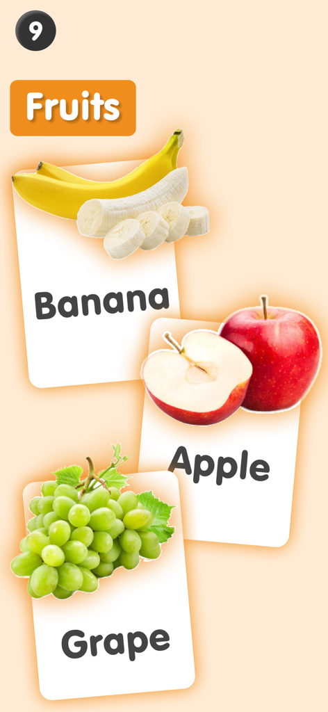 Flash Cards: ABC Learning Kids - 바나나, 사과, 포도가 있는 아이들을 위한 교육용 과일 플래시 카드