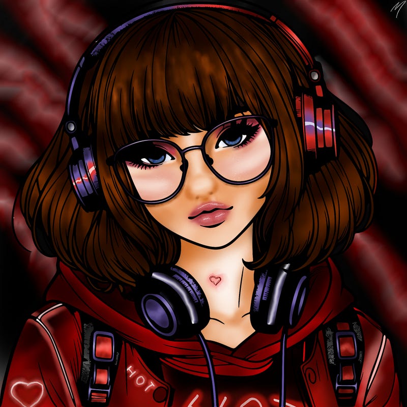 realistic teenagegirl with bangs in her hair headphones and wearing glasses and a jacket with a hoodie