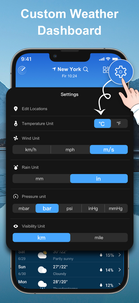 Custom weather app dashboard showing unit settings for temperature wind rain pressure and visibility
