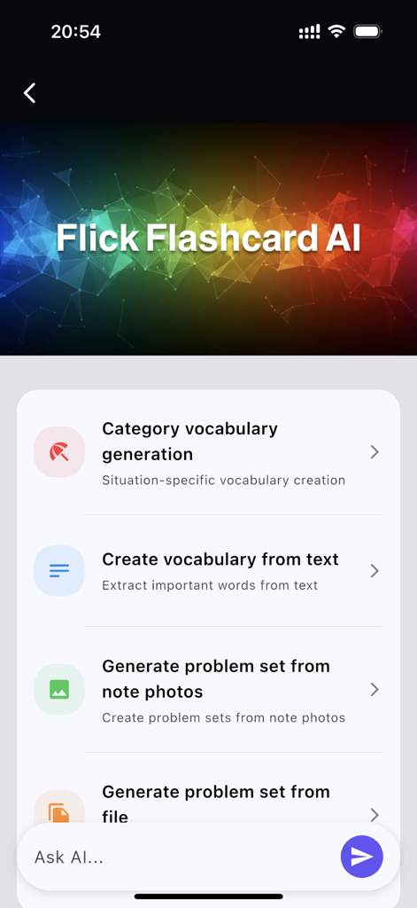 Interface do aplicativo Flick Flashcard mostrando opções de IA para gerar material de estudo a partir de texto e fotos