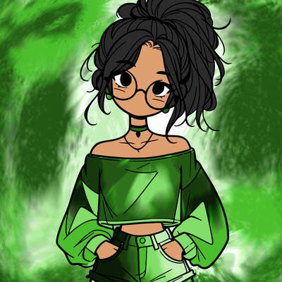 girl with a messy ponytail glasses a baggy crop top and jean shorts