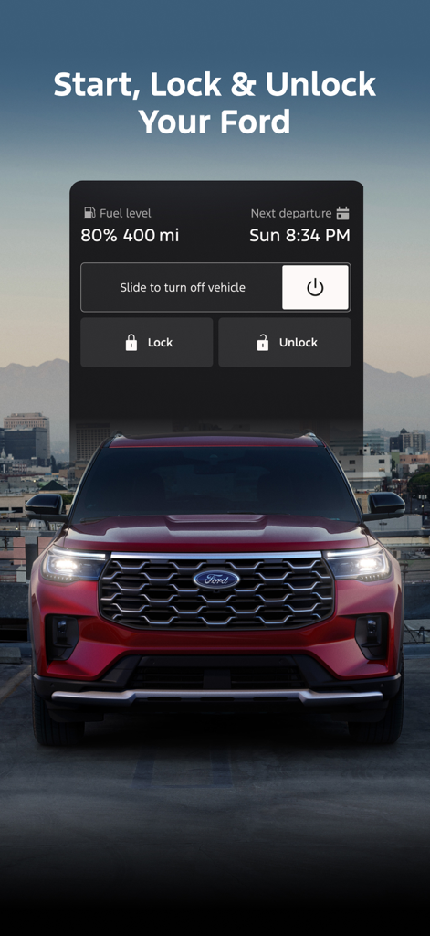Interfaz de la aplicación móvil Ford que muestra los controles remotos del vehículo, incluyendo las funciones de arranque, bloqueo y desbloqueo para un SUV rojo