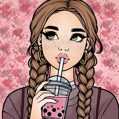 realistic girl with braided hair drinking boba