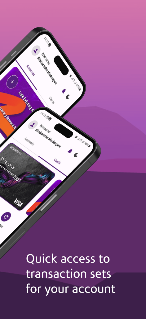 Steward Bank Square app screenshot showing a mobile interface for quick access to account transactions and card management.