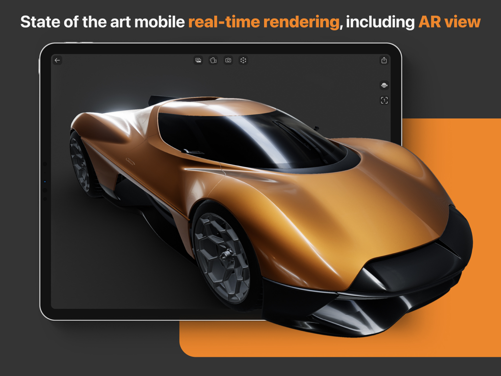 Real-time 3D rendering of an orange supercar on an iPad using the Cadmio app