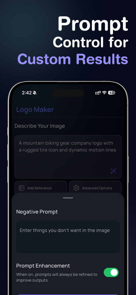 AI Logo Maker App - LookAI - Interface of LookAI app showing prompt control for custom logo generation with negative prompt and enhancement options.