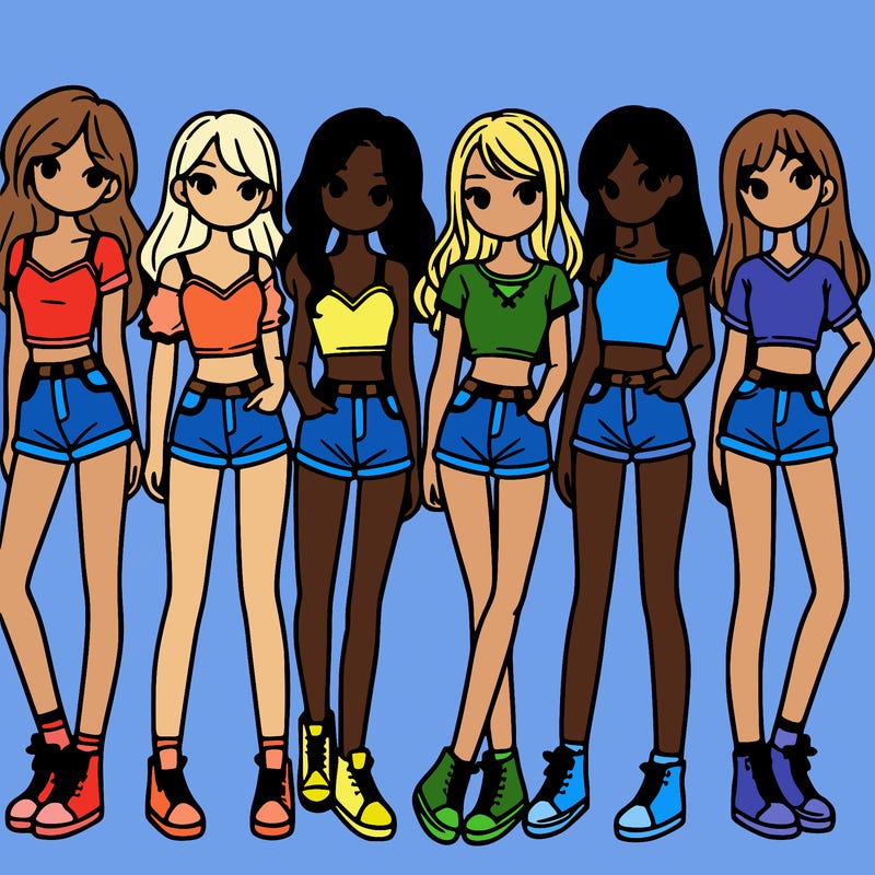 a group of girls wearing crop tops and shorts