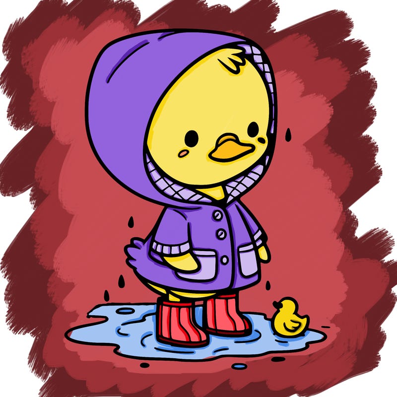 baby duck in a rain coat and boots, in a puddle while it’s raining