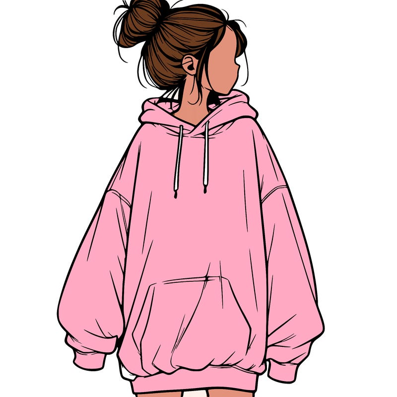 realistic girl with a oversized sweatshirt on and a bun