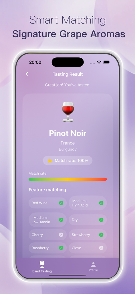 EasyTasting App-Bildschirm, der intelligente Übereinstimmungsergebnisse und Aromaprofile für einen Burgunder Pinot Noir zeigt