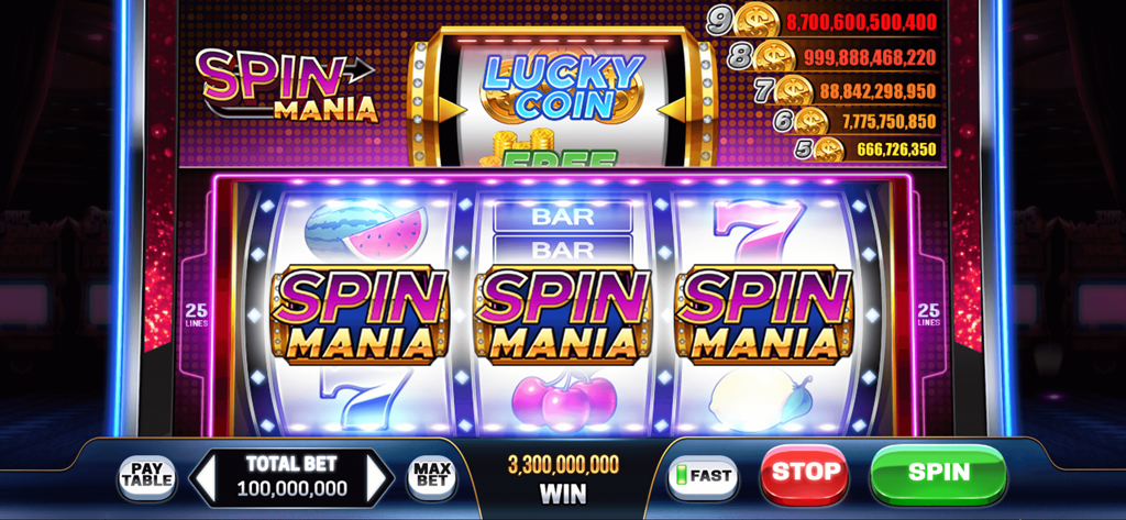 Play Las Vegas - Casino Slots - Spin Mania slot machine interface with neon lights showing a large win and jackpot amounts