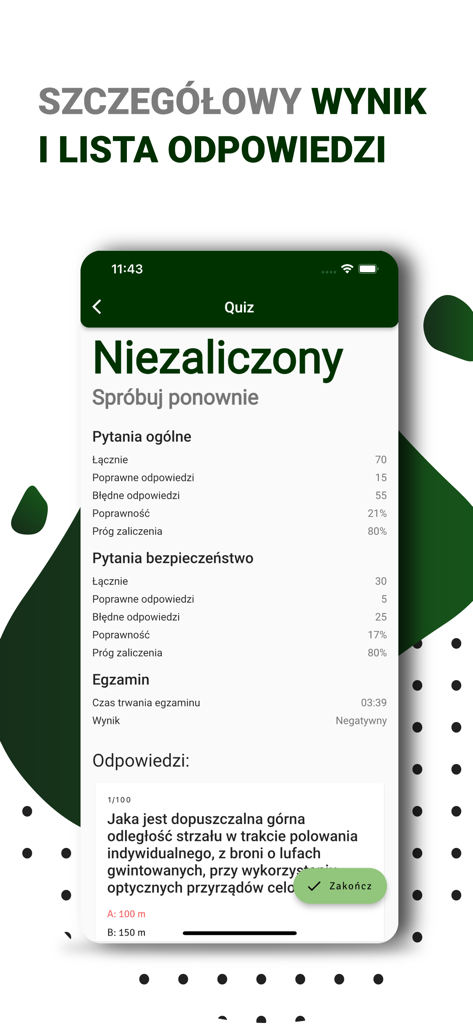 Pantalla detallada de resultados de examen de simulación de caza que muestra porcentajes de puntuación para preguntas generales y de seguridad con una lista de revisión de respuestas