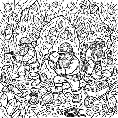 Dive into a thrilling underground world with our Pop Art Dwarf Prospectors coloring page. This dynamic design features sturdy dwarves, shimmering gems, and mining tools, all rendered in a bold, comic-book style perfect for creative expression.