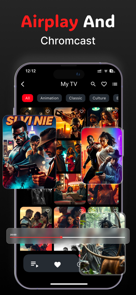 Xtream IPTV - Smarters Player - Interfaz de Xtream IPTV Smarters Player que muestra las funciones de Airplay y Chromecast
