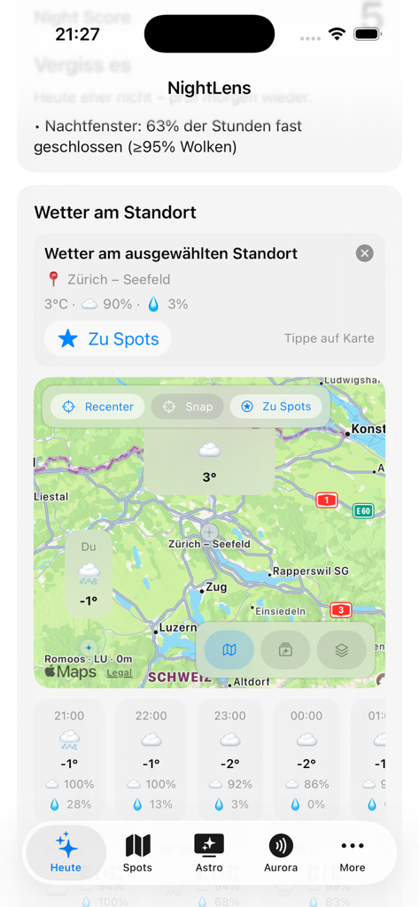 NightLens - NightLens 앱 대시보드로, 사진 계획을 위한 지도 및 시간별 예측과 함께 지역 날씨 조건 표시