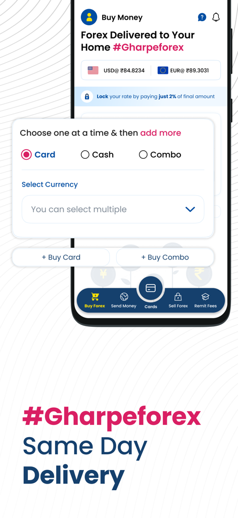TC Pay | Payment Solutions - TC Pay mobile app interface showing forex home delivery options for cash and card with same day delivery